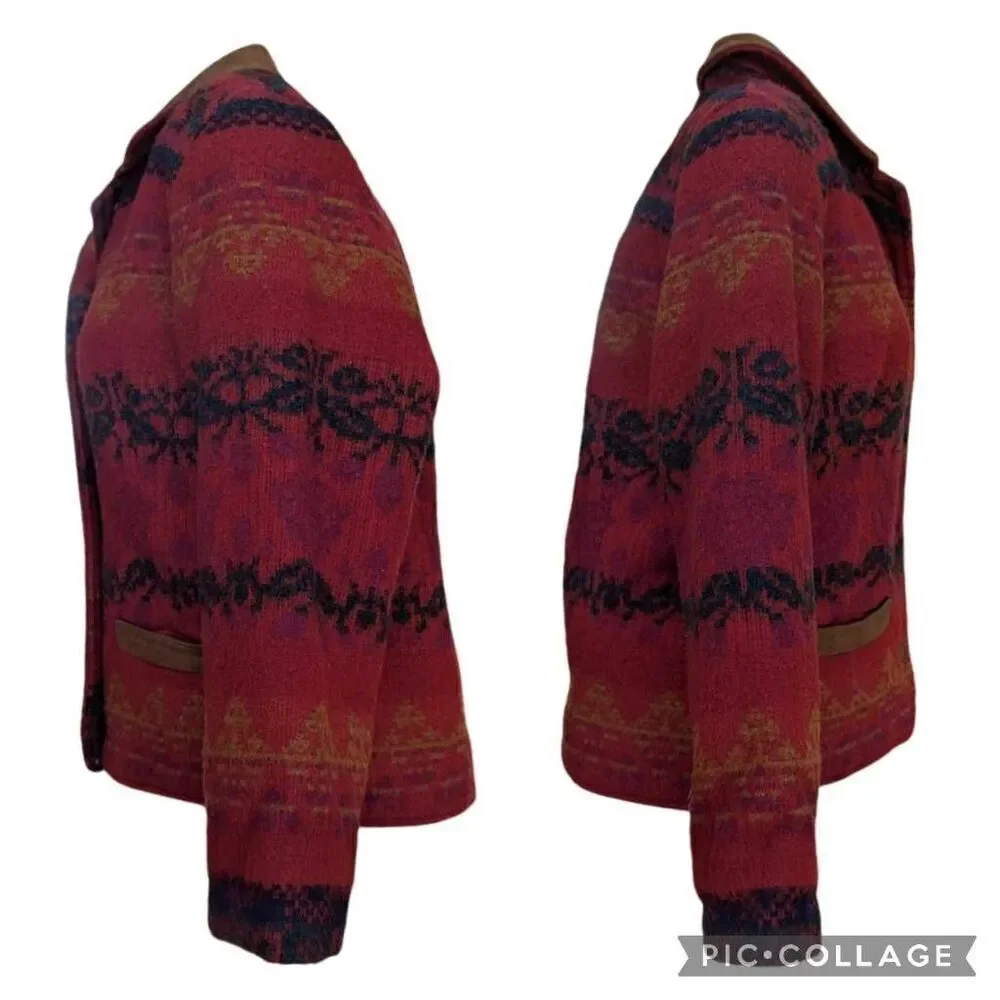 Vintage Woolrich Jacket Red Southwestern Aztec Suede Trim Wool USA Size S Button - Picture 6 of 10